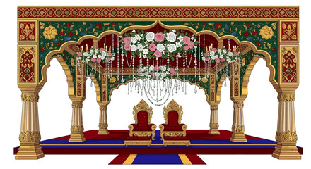 Fototapeta premium Ornate Indian Wedding Mandap: Colorful, detailed illustration for wedding invitation, branding, and cultural celebration.