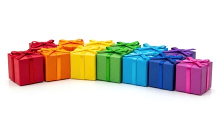 A rainbow of colorful gift boxes arranged in a row on a white background.