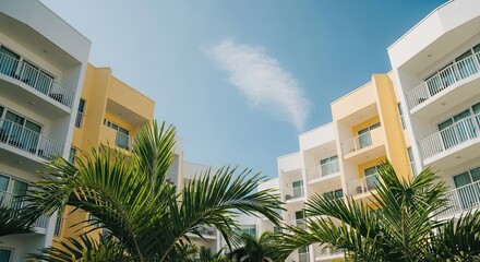 Low angle view of a modern tropical resort with yellow and white apartment buildings, lush green palm trees, and a clear blue sky on a sunny summer day