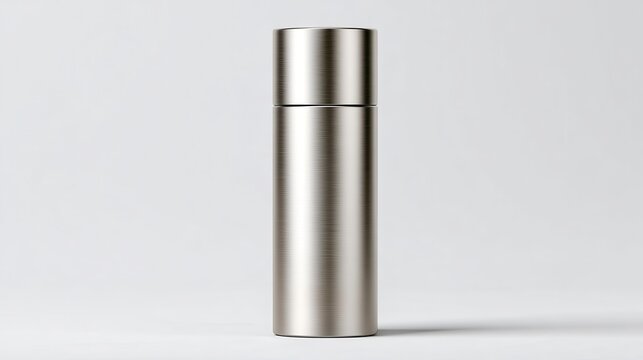 Brushed stainless steel cylindrical container with a minimalistic design showcasing premium metallic texture and clean lines on a white background, ideal for modern product promotion