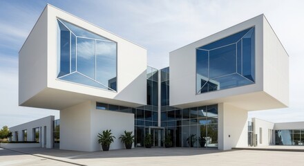 A modern, white, glass-fronted building with a blue sky in the background.