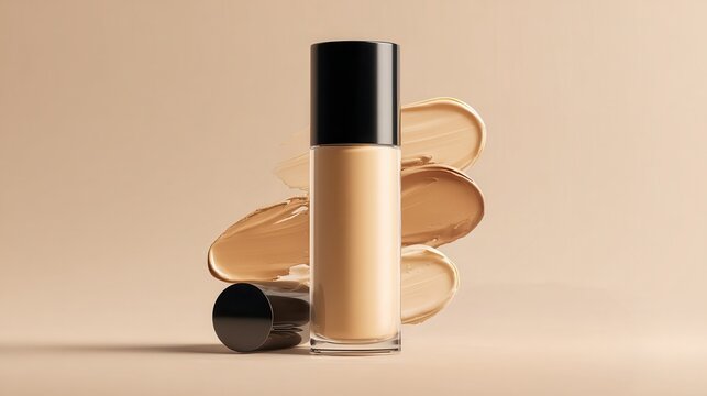 Liquid foundation product bottle with multiple cosmetic swatches displaying diverse skin tone shades, showcasing beauty, makeup, and perfect complexion matching