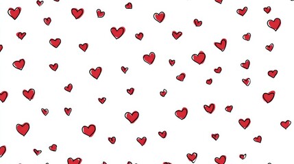 Red hearts scattered across a white background creating a heartwarming seamless pattern, symbolizing love, affection, and romance for holidays like valentine's day