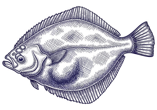 Vintage Blue Ink Flounder Fish Sketch - Detailed Hatching Marine Life Illustration - Flatfish Engraving Vector