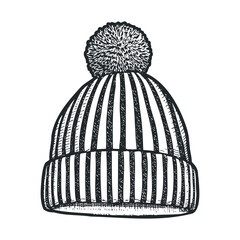 Cozy striped beanie with pom pom ready for winter warmth.Vector hand draw