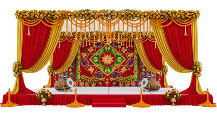 Red & Gold draped fabrics create a richly textured Indian wedding mandap. Ideal backdrop for bridal portraits, product photography, social media, or branding.
