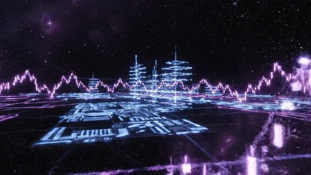 Abstract digital constellations form and reform in a vast upscaled universe of glowing data analysis charts and networks