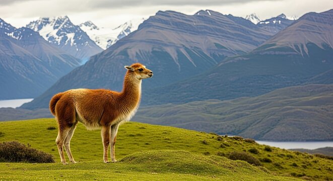 A majestic brown guanaco observes the scenic landscape from a grassy knoll, with a stunning backdrop of snowy mountains and a tranquil lake on an overcast day - Powered by Adobe