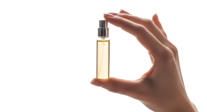 Woman's hand holding miniature luxury fragrance spray bottle for travel samples isolated PNG with Transparent Background
