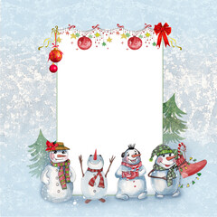 christmas greeting card with snowman, photo frame