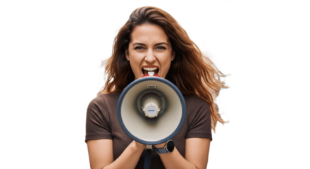 Intense young woman with long wavy brown hair shouting into a grey and white megaphone held in both hands, facing forward with strong emotion, isolated on a clean white background for dramatic impact