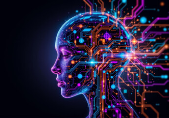 Futuristic digital illustration shows human head profile with glowing neon circuit patterns, symbolizing artificial intelligence, technology, and innovation in vibrant, high tech style