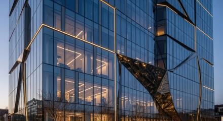 A modern glass skyscraper with a unique, angular design, illuminated at dusk with warm, ambient lighting.