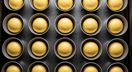 Overhead flat lay of uncooked yeast dough portions proofing in a grid of round baking tins on a rustic metal tray, a concept of artisanal baking and food preparation