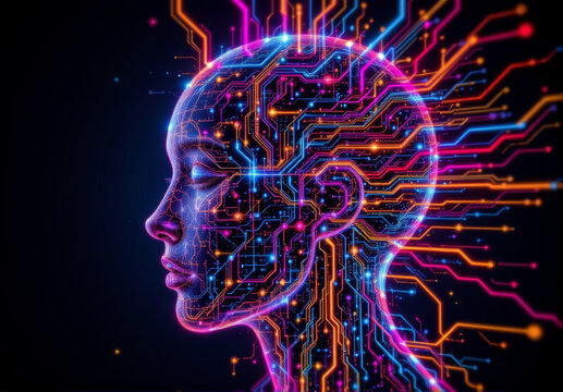 Futuristic digital artificial intelligence human head neon circuit technology glowing innovation create vibrant image of human head with neon circuits symbolizing advanced artificial intelligence - Powered by Adobe