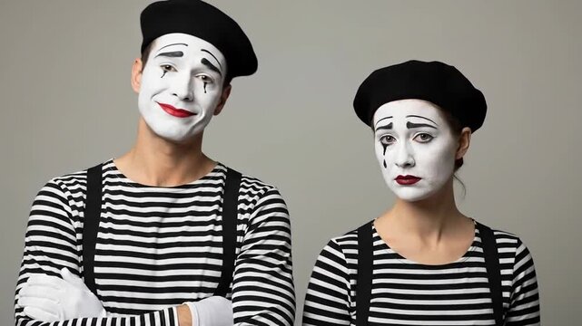 Two mimes in striped attire showcase expressive faces against a neutral background.