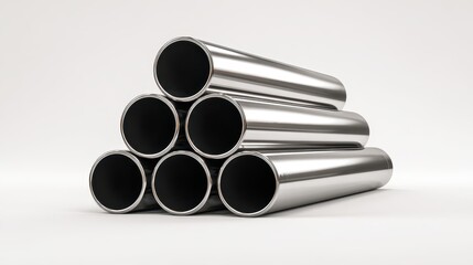 Polished stainless steel pipes forming a pyramid stack, showcasing industrial engineering materials, manufacturing, construction, and infrastructure development