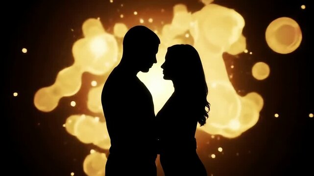 Silhouette of a romantic couple embracing in an intimate face-to-face pose against a warm golden glowing background with soft amber bokeh lights.