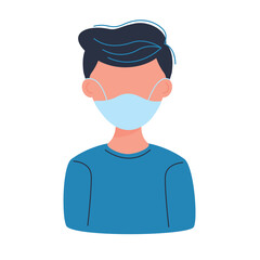 Person Wearing a Light Blue Face Mask and a Blue Crew Neck Shirt Isolated on a White Background with Clean Lines and Simple Design