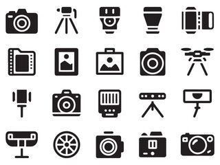 Collection of 20 glyph style photography icons for digital and print media