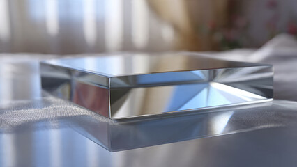 A clear, rectangular glass or acrylic block sits on a textured, reflective surface, beautifully capturing light and reflections of its environment.