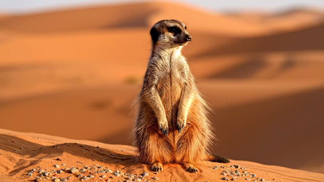 Meerkat Stands Alert in Sandy Kalahari Desert Landscape