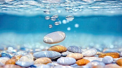 A close-up, underwater view of smooth, colorful pebbles on a sandy seabed. One light-colored pebble is suspended mid-air, with water bubbles rising around it. S