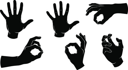 15 One-Word Keywords: Hand, silhouette, vector, gesture, palm, finger, black, sign, ok, stop, holding, grasping, symbol, arm, isolated