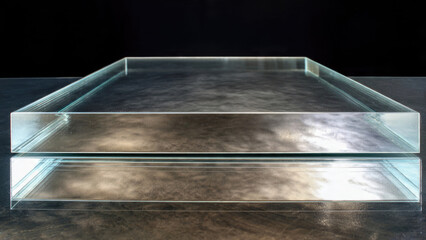 Two clear, rectangular glass or acrylic trays stack horizontally, showcasing reflective surfaces and subtle edges against a dark background in a minimalist composition.