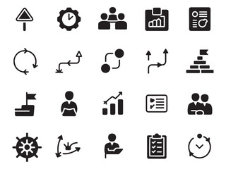 Set of glyph style icons representing business strategy planning and management concepts