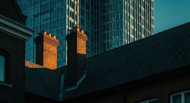 The warm glow of sunset highlights the traditional brick chimneys on a historic rooftop, set against the cool, reflective glass facade of a modern high-rise building