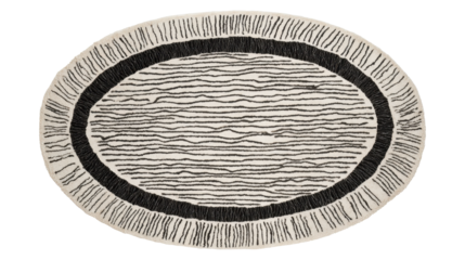 Oval area rug featuring a modern black and white abstract striped pattern with fringed edges over a transparent background, depicting a bohemian inspired home decor element, png