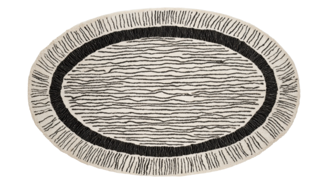 Oval area rug featuring a modern black and white abstract striped pattern with fringed edges over a transparent background, depicting a bohemian inspired home decor element, png