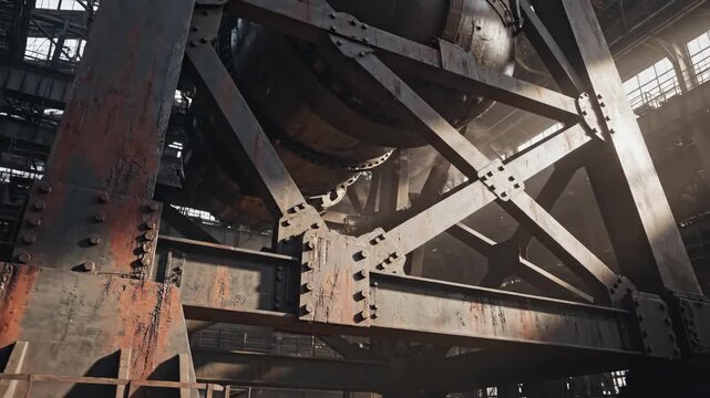 A robust metallic armature supports immense weight within a dimly lit industrial setting showcasing heavy machinery and structural elements