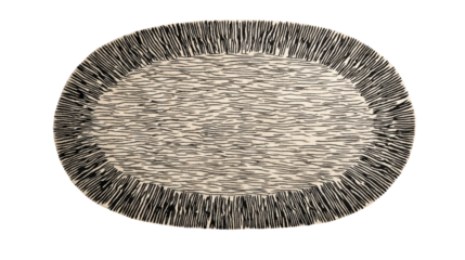 Black and white oval rug with a minimalist abstract stripe pattern, featuring a textured design perfect for modern home decor and interior styling, isolated on transparent background, png