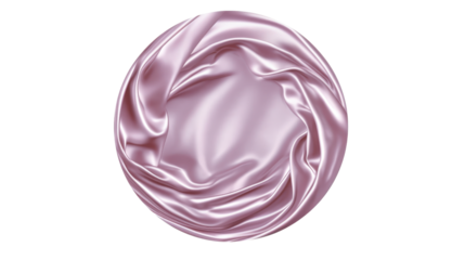 Pink satin fabric forming a circular frame, presenting soft waves and elegant creases for a luxurious texture background or empty space design element on transparent background, png