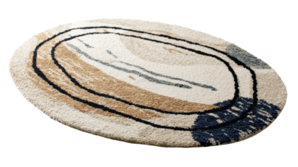 Oval shaggy rug with abstract beige, brown and dark blue tones and an organic black line pattern, isolated on transparent background for modern minimalist home decor styling, png