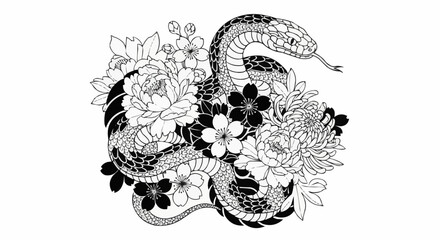 Intricate Japanese Tattoo Style Snake and Flowers Illustration.