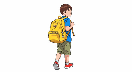 Young boy with a yellow backpack walking away from the camera.