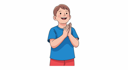 Young boy joyfully clapping hands together with a happy smile.