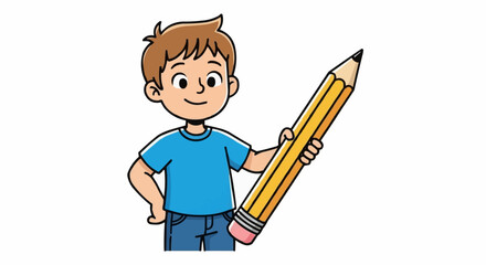 Happy Young Boy Holding a Large Yellow Pencil Ready to Write.