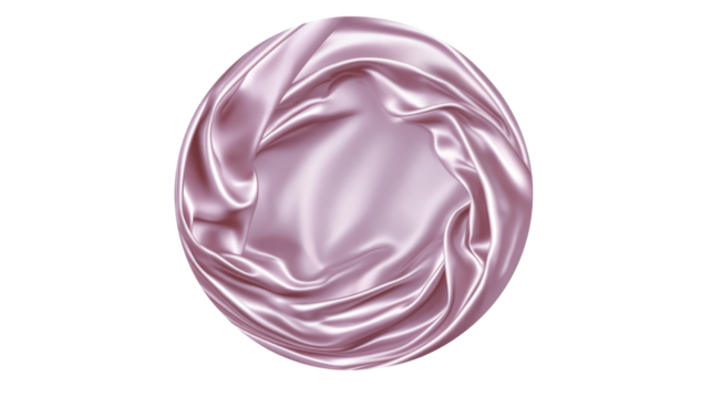 Pink satin fabric forming a circular frame, presenting soft waves and elegant creases for a luxurious texture background or empty space design element on transparent background, png