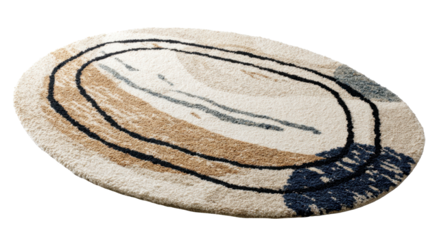 Oval shaggy rug with abstract beige, brown and dark blue tones and an organic black line pattern, isolated on transparent background for modern minimalist home decor styling, png