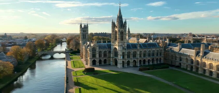 Aerial View of Historic University College in Cambridge at Sunset.