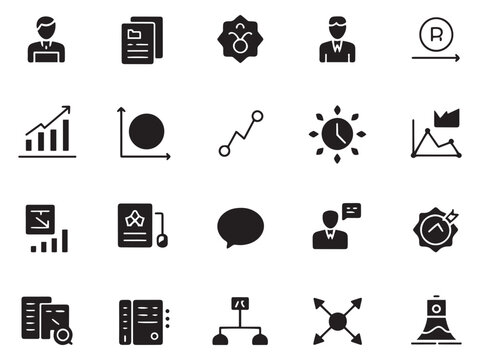 Collection of 20 glyph style icons for business finance technology and data analysis