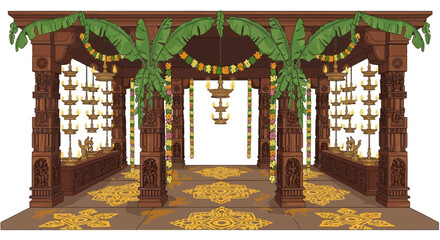 Brown wood Indian wedding mandap shines. Banana leaves, garlands decorate the space. Use as a digital backdrop, graphic design element, or background template.