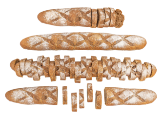 Rustic artisan baguettes arranged in whole and sliced pieces on a white isolated background. The bread features a textured crust with a decorative pattern