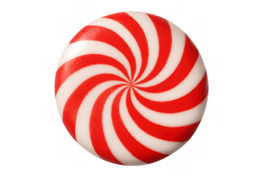 Peppermint candy with red and white spiral stripes representing sweetness and winter holidays on transparent background