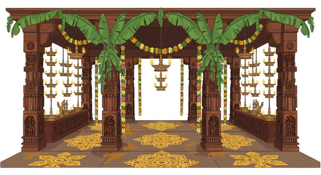 Brown wood Indian wedding mandap shines. Banana leaves, garlands decorate the space. Use as a digital backdrop, graphic design element, or background template.
