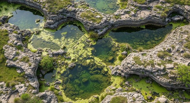 Aerial top-down view of a unique geological landscape with natural pools of clear water filled with vibrant green algae and surrounded by rugged, weathered rocks